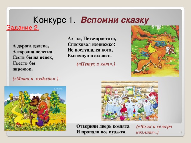 Конкурс 1. Вспомни сказку Задание 2. Ах  ты , Петя - простота , Сплоховал  немножко : Не  послушался  кота , Выглянул  в  окошко .  А  дорога  далека , А  корзина  нелегка , Сесть  бы  на  пенек , Съесть  бы  пирожок .  (« Петух  и  кот ».) (« Маша  и  медведь ».)  Отворили  дверь  козлята И  пропали  все  куда - то .  (« Волк  и  семеро  козлят ».) 26.10.16