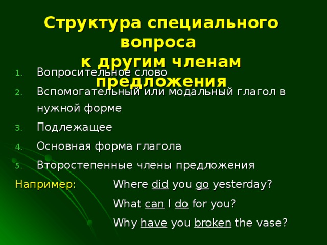 Структура специального вопроса  к другим членам предложения Вопросительное слово Вспомогательный  или модальный глагол в нужной форме Подлежащее Основная форма глагола Второстепенные члены предложения Например:   Where did you go yesterday?     What can I do for you?     Why have you broken the vase?