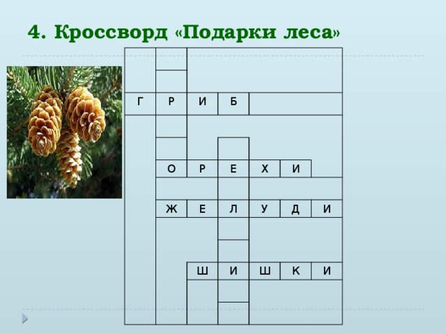 4. Кроссворд «Подарки леса» Г Р И Б О Р Ж Е Е Х И Л У Д Ш И И Ш К И