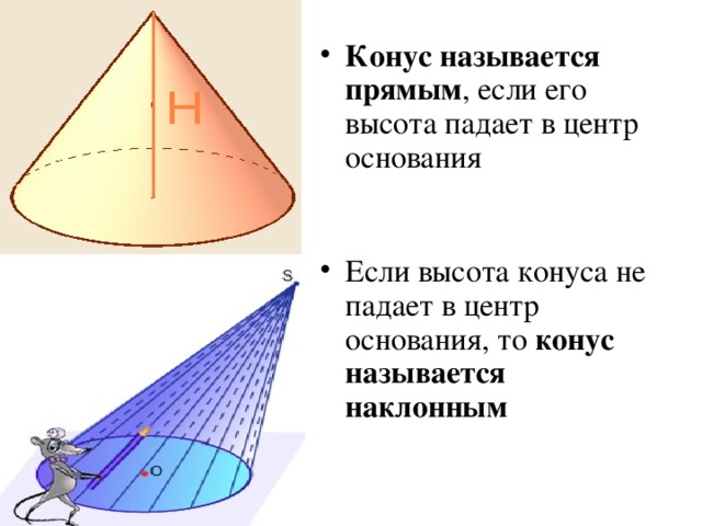 Конус называется прямым , если его высота падает в центр основания Если высота конуса не падает в центр основания, то конус называется наклонным