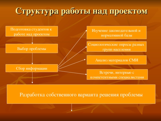 Структура работы над проектом Подготовка студентов к работе над проектом Изучение законодательной и нормативной базы Социологические опросы разных групп населения Выбор проблемы Анализ материалов СМИ Сбор информации Встречи, интервью с компетентными специалистами Разработка собственного варианта решения проблемы