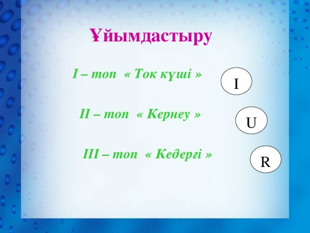 Ұйымдастыру І – топ « Ток күші »   ІІ – топ « Кернеу »    ІІІ – топ « Кедергі »  I U R