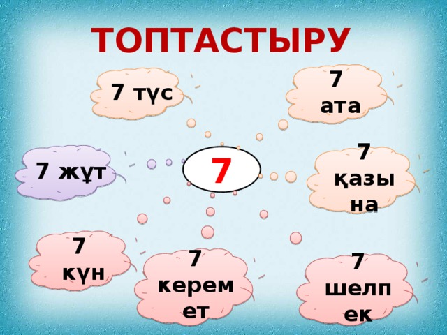 Топтастыру 7 ата 7 түс 7 жұт 7 7 қазына 7 күн 7 керемет 7 шелпек