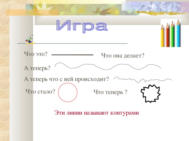 Что это? Что она делает? А теперь? А теперь что с ней происходит? Что стало? Что теперь ? Эти линии называют контурами