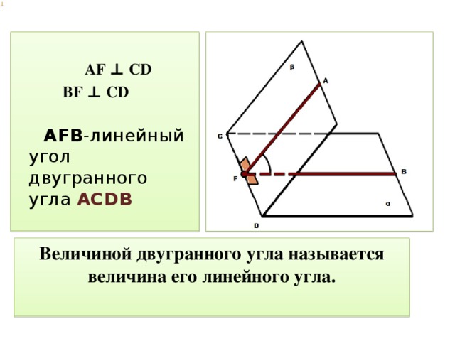 AF ⊥ CD  BF ⊥ CD  AFB -линейный угол двугранного угла  ACDВ Величиной двугранного угла называется величина его линейного угла.