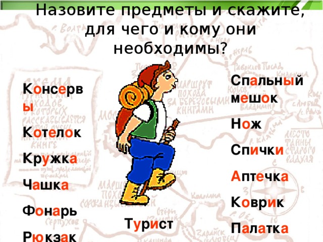 Назовите предметы и скажите, для чего и кому они необходимы?   Сп а льн ы й м е ш о к Н о ж Сп и чк и А пт е чк а К о вр и к П а л а тк а К о нс е рв ы К о т е л о к Кр у жк а Ч а шк а Ф о н а рь Р ю кз а к  Т у р и ст