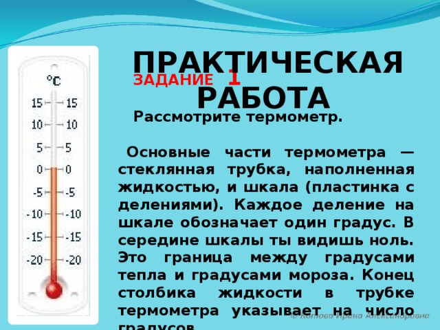 ПРАКТИЧЕСКАЯ РАБОТА  ЗАДАНИЕ 1   Рассмотрите термометр.  Основные части термометра — стеклянная трубка, наполненная жидкостью, и шкала (пластинка с делениями). Каждое деление на шкале обозначает один градус. В середине шкалы ты видишь ноль. Это граница между градусами тепла и градусами мороза. Конец столбика жидкости в трубке термометра указывает на число градусов.