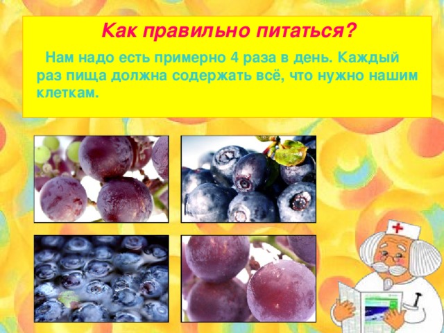 Как правильно питаться?  Нам надо есть примерно 4 раза в день. Каждый раз пища должна содержать всё, что нужно нашим клеткам.