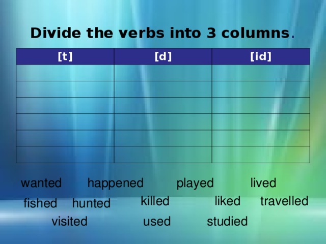Divide the verbs into 3 columns . [t] [d] [id] played lived happened wanted killed liked travelled fished hunted visited used studied