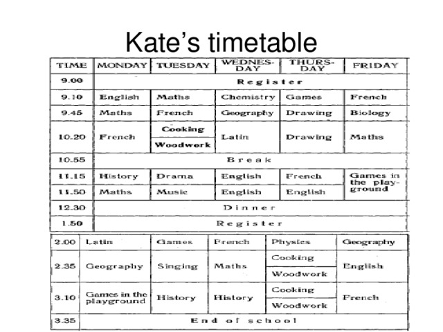 Kate’s timetable