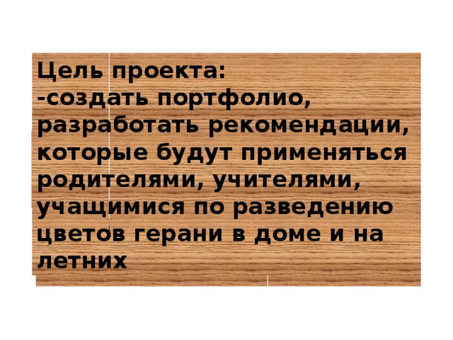 Цель проекта:  -создать портфолио, разработать рекомендации, которые будут применяться родителями, учителями, учащимися по разведению цветов герани в доме и на летних Пришкольных участках