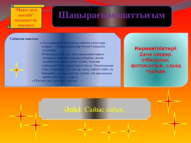 “ Надек орта мектебі” мемлекеттік мекемесі Шаңырағым-шаттығым Көрнекіліктері : Дана сөздер, отбасылық фотомонтаж, слайд түрінде. Сабақтың мақсаты:   а) Ата-аналармен балаларды сайысқа қатыстыра  отырып, отбасы отанның бір бөлшегі екендігін  ұғындыру.  Отбасындағы ата-ана, бала арасындағы қарым-  қатынасты нығайту, ананың мейірімін, әкенің  махаббатын, жақсылығын түсініп, балалық  сүйіспеншілікпен жауап беруге баулу. Оқушылардың  тілін, білімдерін, есте сақтау, ойлау қабілеттерін, тіл  байлығын, ата-ана, мұғалім, оқушы, пән арасындағы  қарым-қатынасты дамыту.   ә) Ұлттық салт-дәстүрді дәріптеу. Әдісі : Сайыс сабақ.