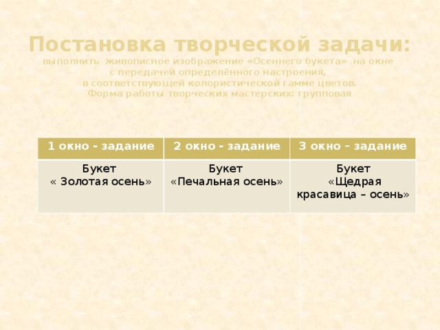 Постановка творческой задачи:  выполнить живописное изображение «Осеннего букета» на окне  с передачей определённого настроения,  в соответствующей колористической гамме цветов.  Форма работы творческих мастерских: групповая 1 окно - задание 2 окно - задание Букет 3 окно – задание « Золотая осень» Букет «Печальная осень» Букет  «Щедрая красавица – осень»