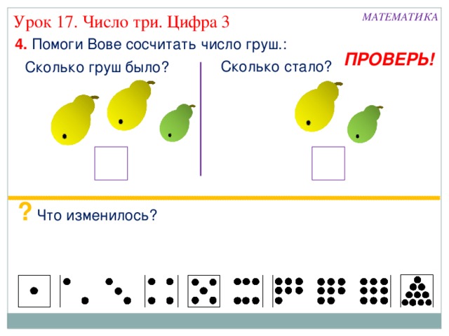 МАТЕМАТИКА Урок 17. Число три. Цифра 3 4. Помоги Вове сосчитать число груш.: ПРОВЕРЬ! Сколько стало? Сколько груш было? ? Что изменилось?