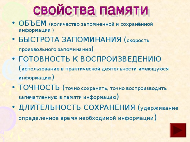 Примером произвольного запоминания может служить заучивание стихотворения наизусть. Тогда человеку необходимо поставить цель (выучить стихотворение) и приложить волевые усилия для его заучивания.