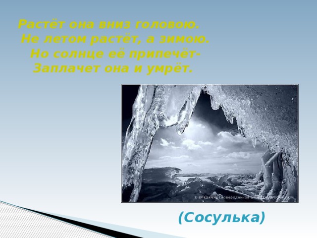 Растёт она вниз головою.  Не летом растёт, а зимою.  Но солнце её припечёт-  Заплачет она и умрёт. (Сосулька)