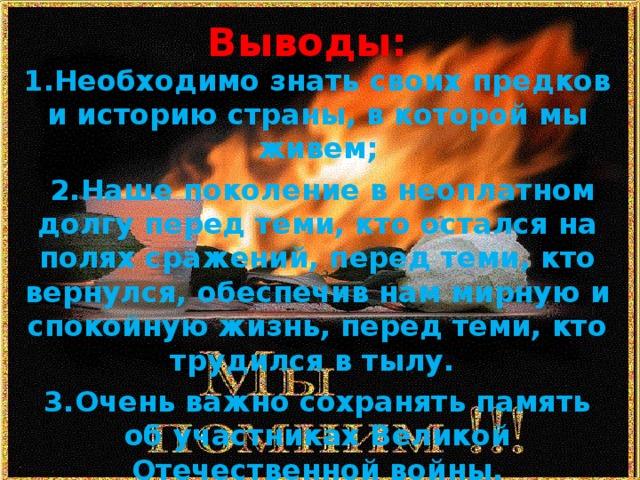 Выводы: 1. Необходимо знать своих предков и историю страны, в которой мы живем;  2. Наше поколение в неоплатном долгу перед теми, кто остался на полях сражений, перед теми, кто вернулся, обеспечив нам мирную и спокойную жизнь, перед теми, кто трудился в тылу.  3. Очень важно сохранять память об участниках Великой Отечественной войны.