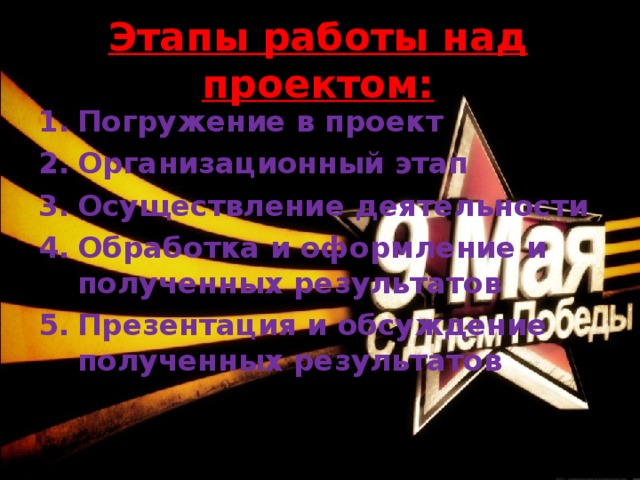 Этапы работы над проектом: Погружение в проект Организационный этап Осуществление деятельности Обработка и оформление и полученных результатов Презентация и обсуждение полученных результатов