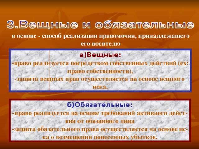 в основе - способ реализации правомочия, принадлежащего его носителю а)Вещные: -право реализуется посредством собственных действий (ех: право собственности), -защита вещных прав осуществляется на основе вещного иска. б)Обязательные: -право реализуется на основе требований активного дейст- вия от обязанного лица -защита обязательного права осуществляется на основе ис- ка о возмещении понесенных убытков.