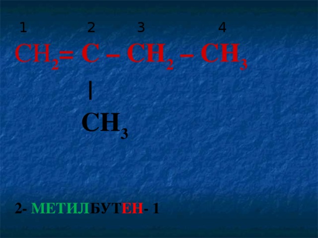 1   2  3 4 CH 2 = C – CH 2 – CH 3  |  CH 3  2- МЕТИЛ БУТ ЕН - 1