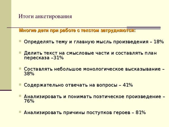 Итоги анкетирования Многие дети при работе с текстом затрудняются: