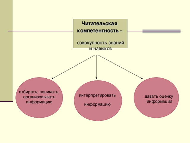 Читательская компетентность -  совокупность знаний  и навыков отбирать, понимать, организовывать информацию интерпретировать  давать оценку информации  информацию