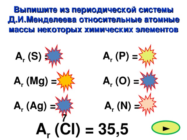 Выпишите из периодической системы Д.И.Менделеева относительные атомные массы некоторых химических элементов А r (P) = 31 32 А r (S) = 16 А r (O) = 24 А r (Mg) = 14 А r (N) = 107 А r (Ag) = А r (Cl) = 35,5 ►