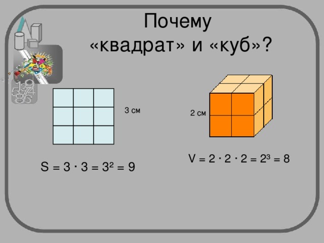 Почему  «квадрат» и «куб»? 3 см 2 см V = 2 ∙ 2 ∙ 2 = 2³ = 8 S = 3 ∙ 3 = 3² = 9