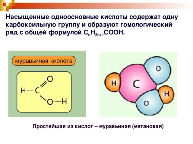 Насыщенные одноосновные кислоты содержат одну карбоксильную группу и образуют гомологический ряд с общей формулой C n H 2 n +1 COOH .  Простейшая из кислот – муравьиная (метановая)