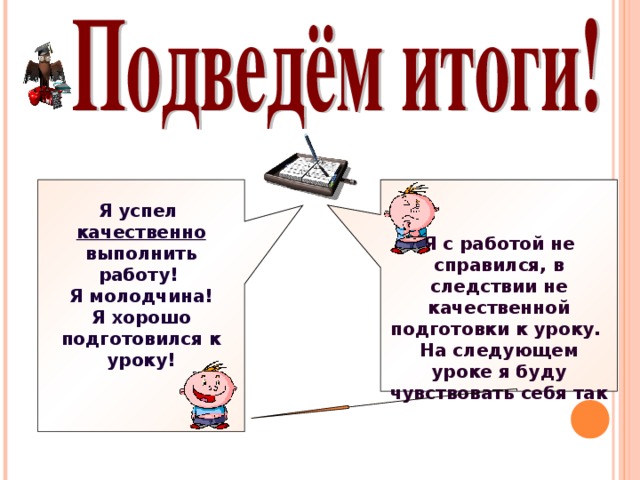 Я успел качественно выполнить работу! Я молодчина! Я хорошо подготовился к уроку!      Я с работой не справился, в следствии не качественной подготовки к уроку. На следующем уроке я буду чувствовать себя так