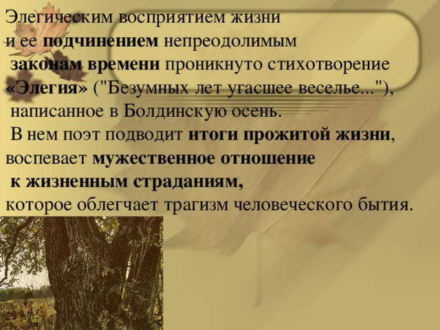 Элегическим восприятием жизни и ее подчинением непреодолимым  законам времени проникнуто стихотворение «Элегия» (