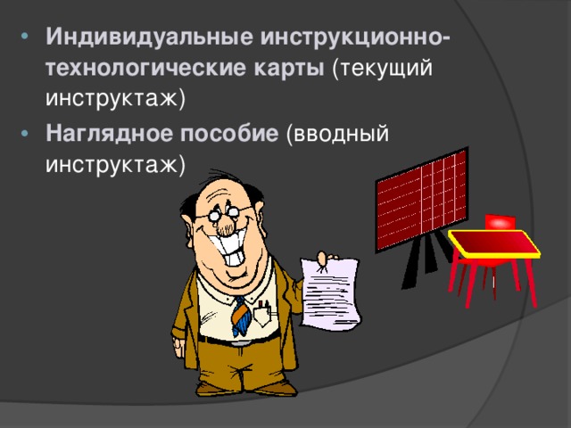 Индивидуальные инструкционно-технологические карты (текущий инструктаж) Наглядное пособие (вводный инструктаж)