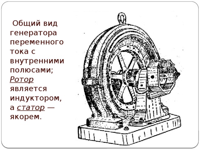 Общий вид генератора переменного тока с внутренними полюсами;  Ротор является индуктором, а статор — якорем.