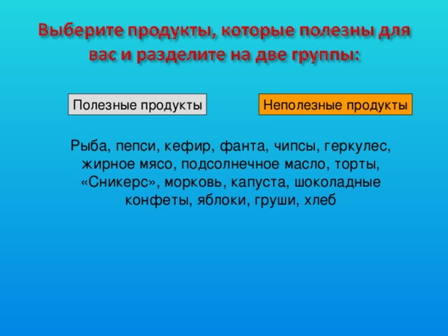 Полезные продукты Неполезные продукты Рыба, пепси, кефир, фанта, чипсы, геркулес, жирное мясо, подсолнечное масло, торты, «Сникерс», морковь, капуста, шоколадные конфеты, яблоки, груши, хлеб