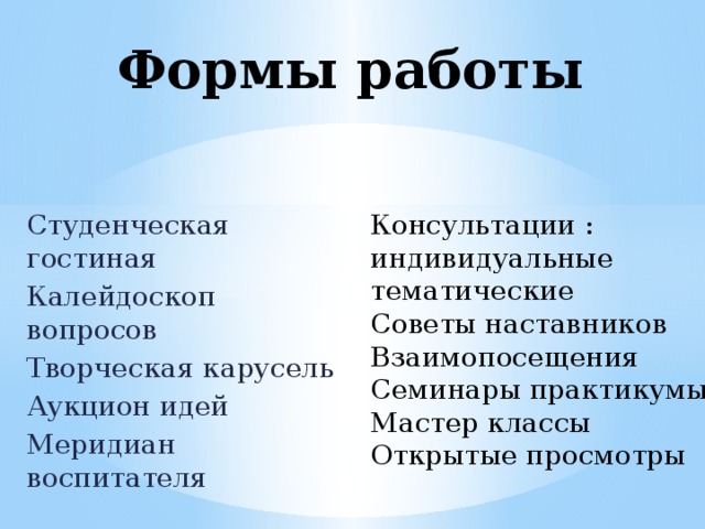 Формы работы Консультации : индивидуальные тематические Студенческая гостиная Калейдоскоп вопросов Советы наставников Взаимопосещения Творческая карусель Аукцион идей Семинары практикумы Мастер классы Меридиан воспитателя Открытые просмотры