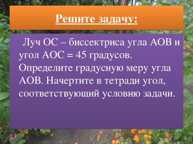 Решите задачу:  Луч ОС – биссектриса угла АОВ и угол АОС = 45 градусов. Определите градусную меру угла АОВ. Начертите в тетради угол, соответствующий условию задачи.