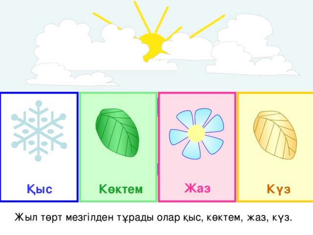 Жаз Көктем Қыс Күз Жыл төрт мезгілден тұрады олар қыс, көктем, жаз, күз.