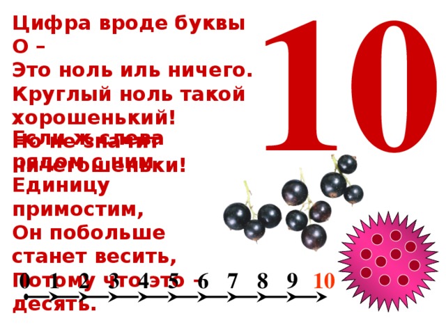 1 0 Цифра вроде буквы О – Это ноль иль ничего. Круглый ноль такой хорошенький! Но не значит ничегошеньки!  Если ж слева рядом с ним Единицу примостим, Он побольше станет весить, Потому что это – десять. 10 6 5 4 3 2 1 0 8 7 9