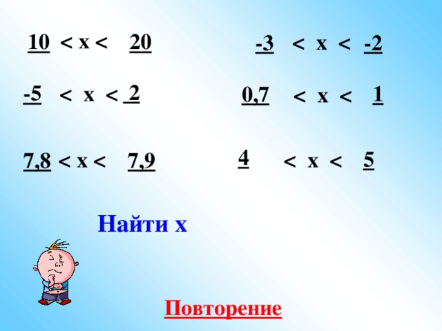 10 20  -2 -3  2 -5  1 0,7  4 5   7,9 7,8 Найти х Повторение