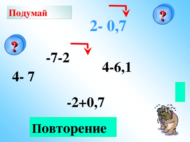 Подумай ? 2- 0,7 ? -7-2 4-6,1 4- 7  -2+0,7 П овторение