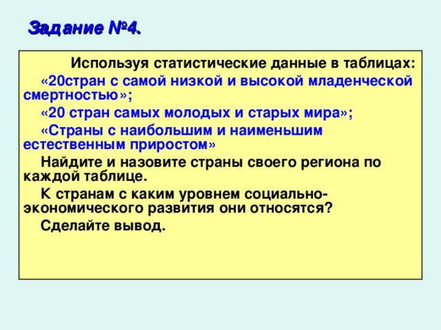 Задание №4.   Используя статистические данные в таблицах: «20стран с самой низкой и высокой младенческой смертностью»; «20 стран самых молодых и старых мира»; «Страны с наибольшим и наименьшим естественным приростом» Найдите и назовите страны своего региона по каждой таблице. К странам с каким уровнем социально-экономического развития они относятся? Сделайте вывод.