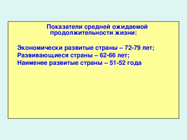 Показатели средней ожидаемой продолжительности жизни:  Экономически развитые страны – 72-79 лет; Развивающиеся страны – 62-66 лет; Наименее развитые страны – 51-52 года