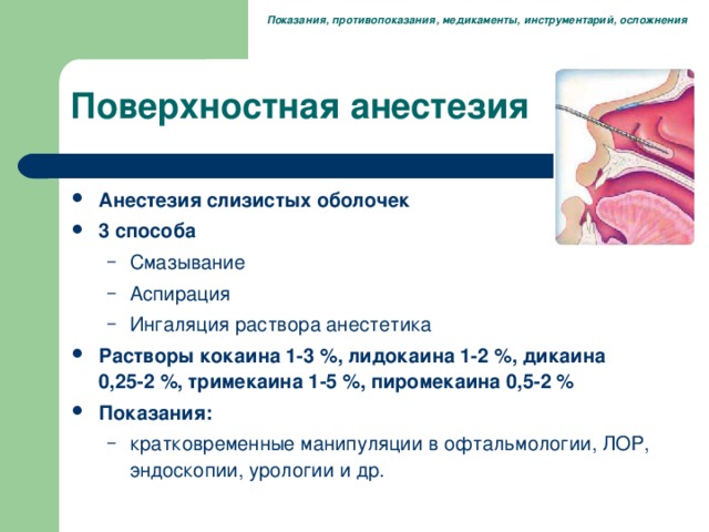 Показания, противопоказания, медикаменты, инструментарий, осложнения Поверхностная анестезия