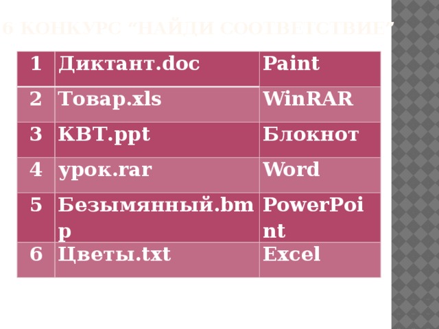 6 Конкурс “Найди соответствие” 1 Диктант.doc 2 Paint Товар.xls 3 WinRAR КВТ.ppt 4 5 Блокнот урок.rar Word Безымянный.bmp 6 PowerPoint Цветы.txt Excel