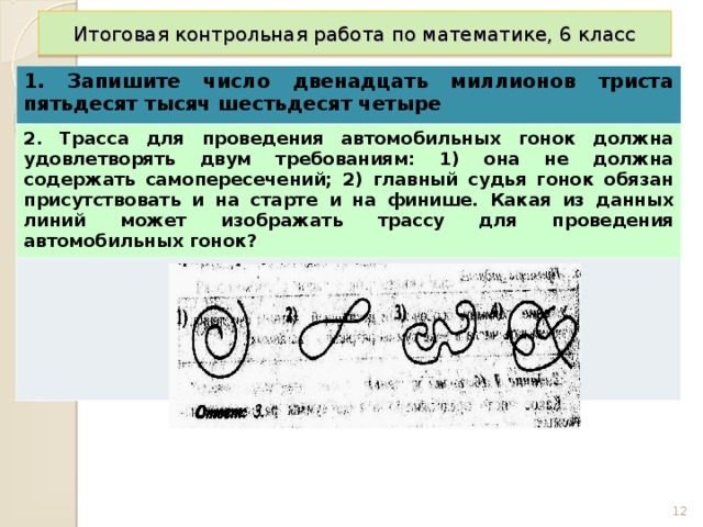 Итоговая контрольная работа по математике, 6 класс 1. Запишите число двенадцать миллионов триста пятьдесят тысяч шестьдесят четыре 2. Трасса для проведения автомобильных гонок должна удовлетворять двум требованиям: 1) она не должна содержать самопересечений; 2) главный судья гонок обязан присутствовать и на старте и на финише. Какая из данных линий может изображать трассу для проведения автомобильных гонок?