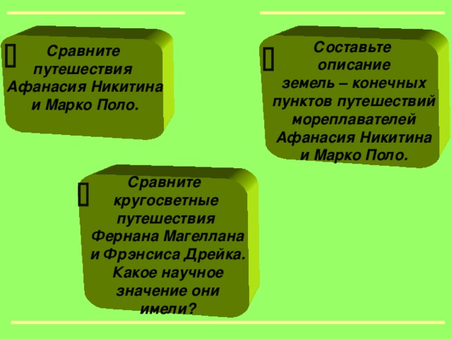   Сравните путешествия Афанасия Никитина и Марко Поло.  Составьте  описание  земель – конечных  пунктов путешествий  мореплавателей  Афанасия Никитина  и Марко Поло.     Сравните кругосветные путешествия  Фернана Магеллана  и Фрэнсиса Дрейка.  Какое научное  значение они  имели?