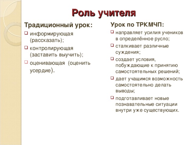 Роль учителя Традиционный урок: Урок по ТРКМЧП: