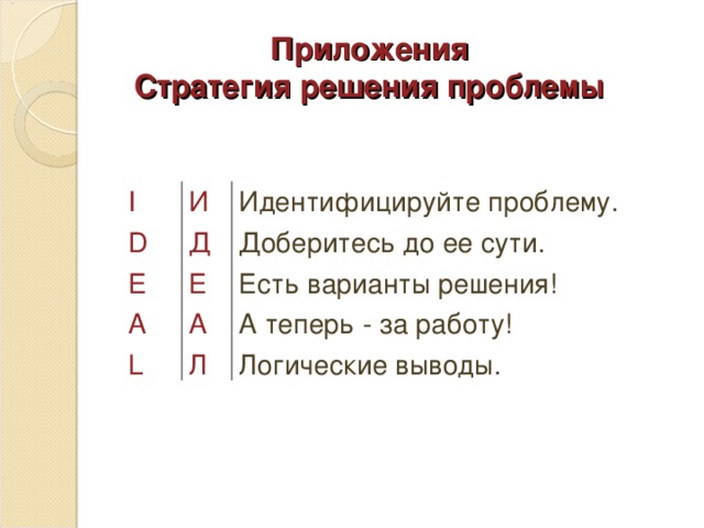 Приложения  Стратегия решения проблемы I D E  A  L И Д Е А Л Идентифицируйте проблему. Доберитесь до ее сути. Есть варианты решения! А теперь - за работу! Логические выводы.