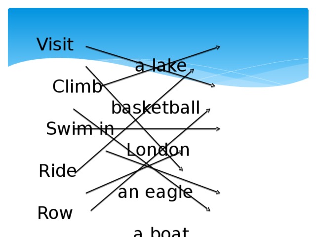 Visit a lake Climb basketball  Swim in London Ride an eagle Row a boat Travel by a submarine Play a mountain Sail in plane Watch a horse