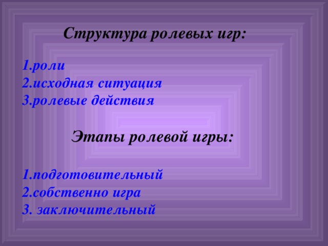 Структура ролевых игр:  1.роли 2.исходная ситуация 3.ролевые действия   Этапы ролевой игры:  1.подготовительный 2.собственно игра 3. заключительный